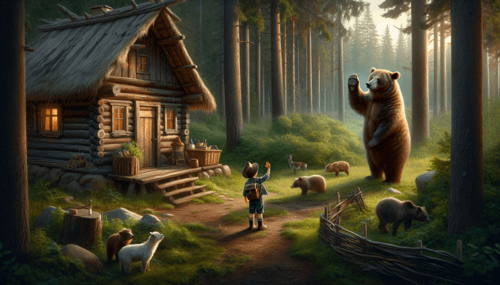 A bear waves good by to a little boy by his cabin