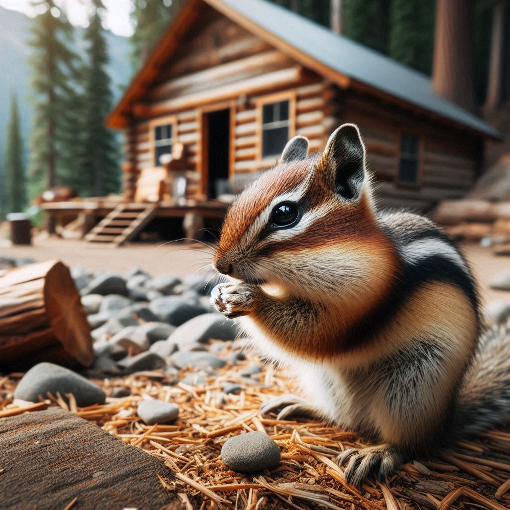 A chipmunk on the ground eating by a cabin in the wilderness