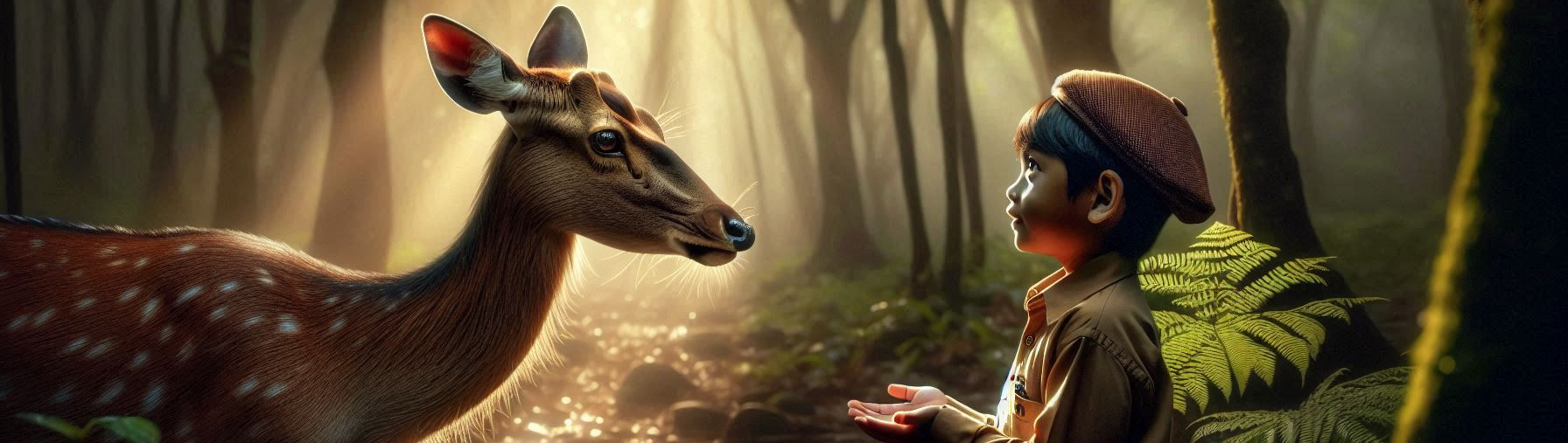 A deer and a little lost boy in the forest