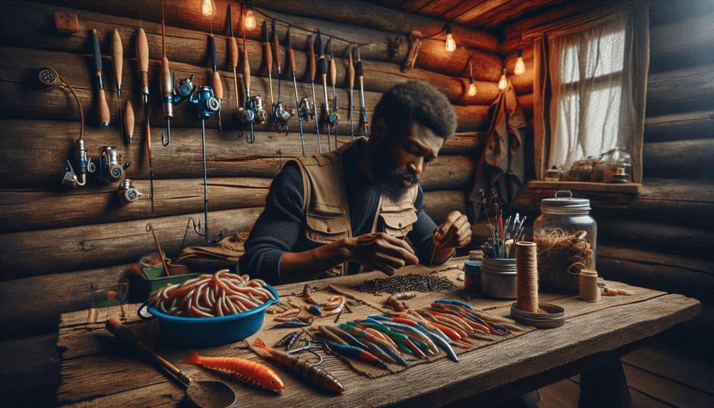 A fisherman in his rustic cabin has worms, hooks, spoons and other fishing gear set up on a table