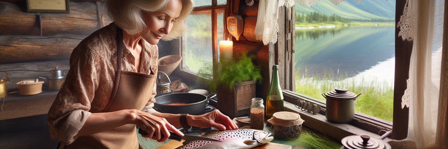 A mature woman cooking trout in her very very rustic cabin with a lake in the background outside