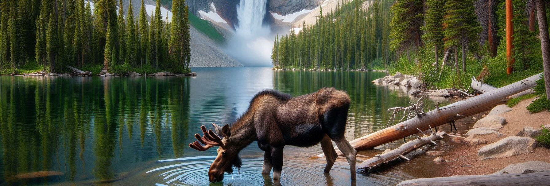 A moose drinking out of an alpine lake with a waterfall in the background deep in the forest