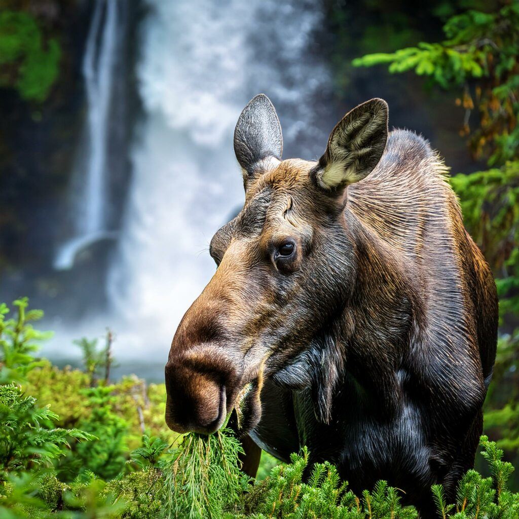 A moose eating vegetation from the forest floor with a waterfall in the background