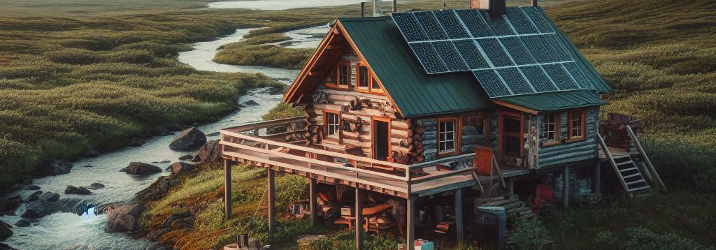 A very rustic cabin in the Alaska Artic Tundra with a stream and solar panels on the side of a cabin