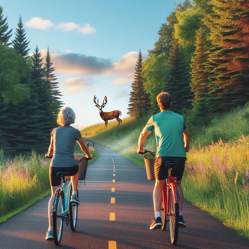 A woman and man on the Hiawatha Bike Trail see a deer far away in the distance while riding their bikes