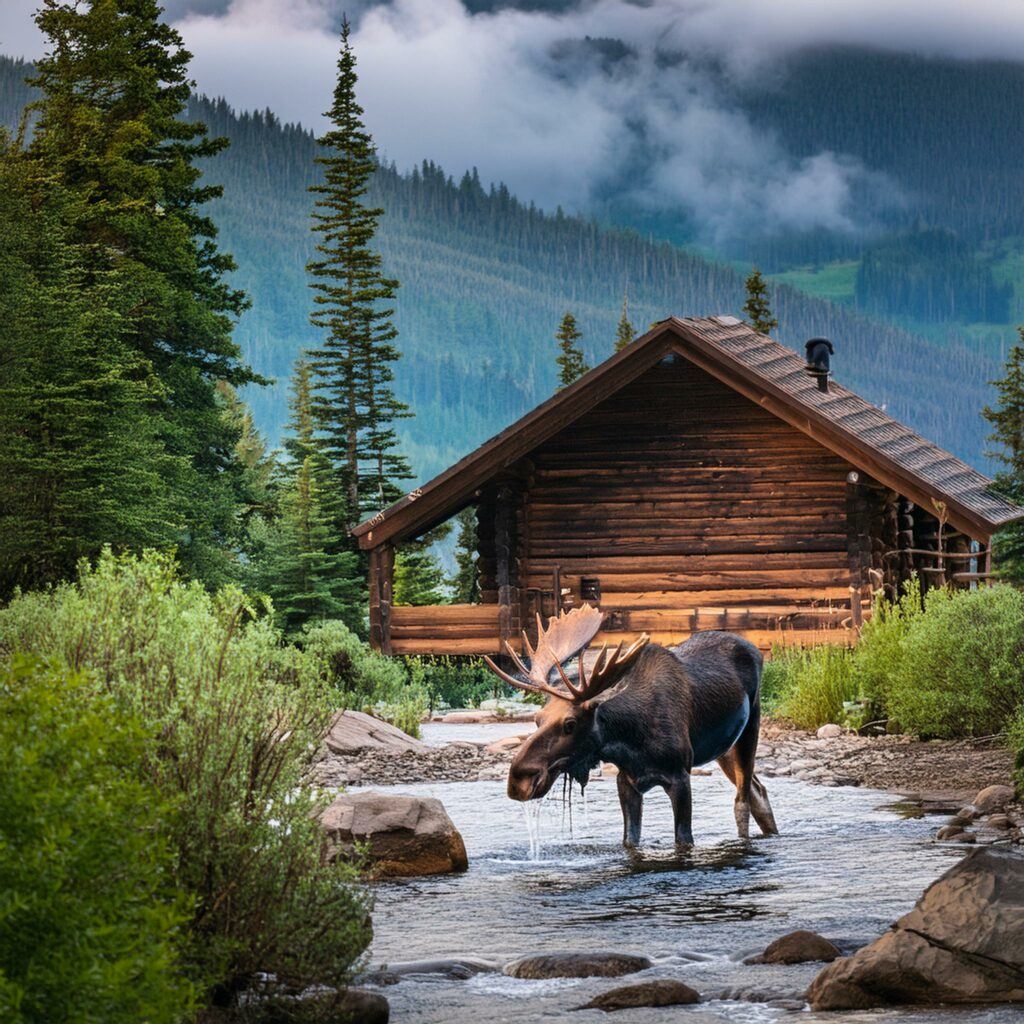 a large moose drinking out of a stream in the backyard of a very rustic cabin in the mountai