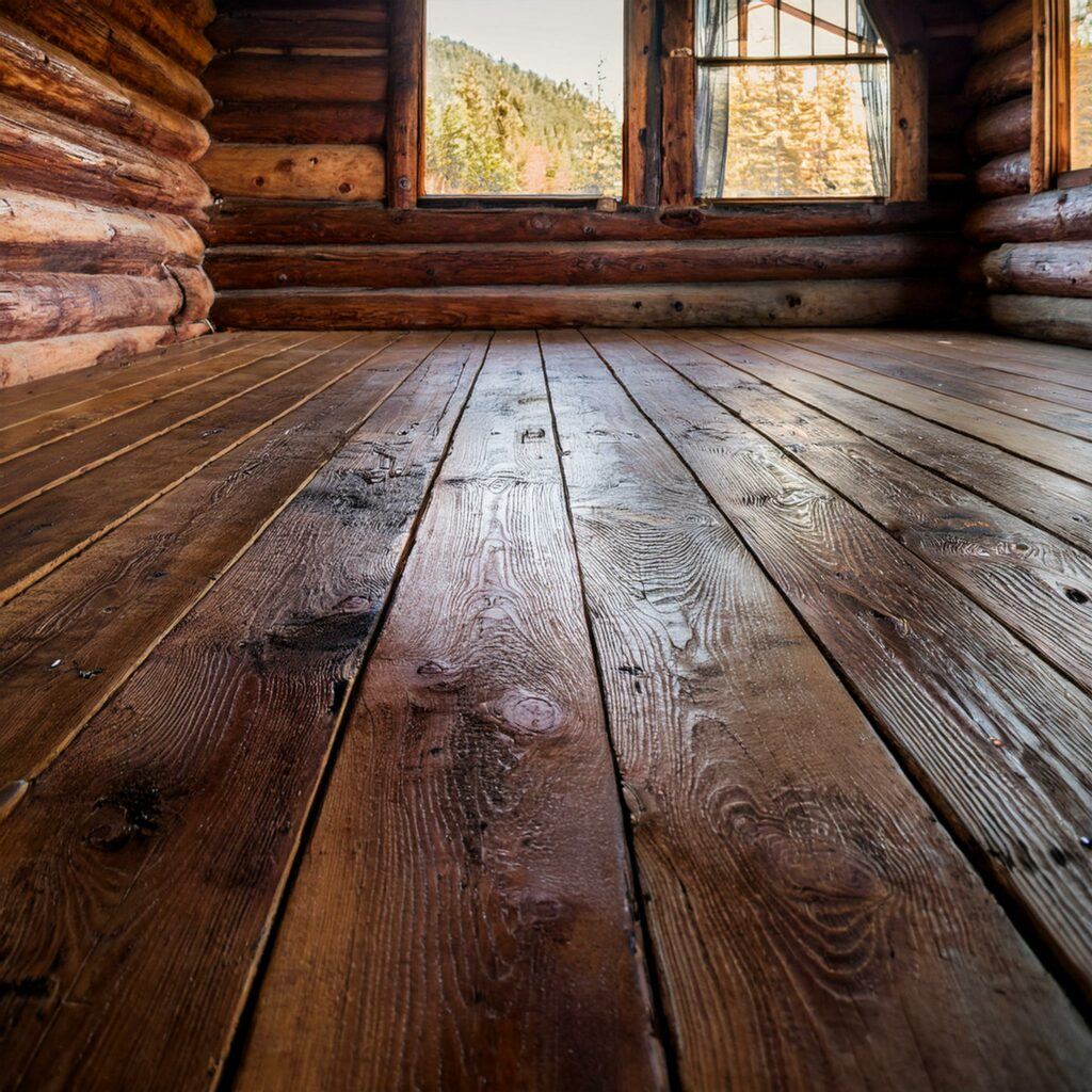 a beautiful looking floor in a cabin made from weathered reclaimed wood