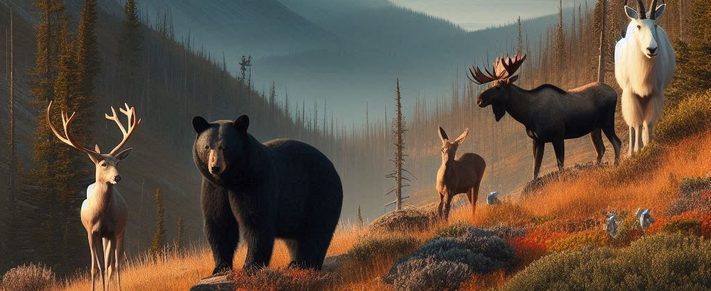 a black Bear and a moose and a whitetail deer and a mountain goat standing far apart on a moutain