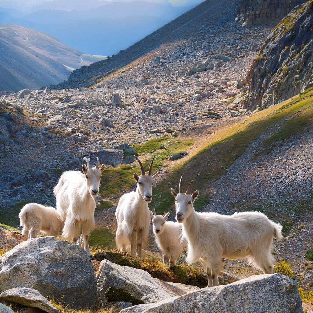 a group of female mountain goats with baby goats in a rocky valley