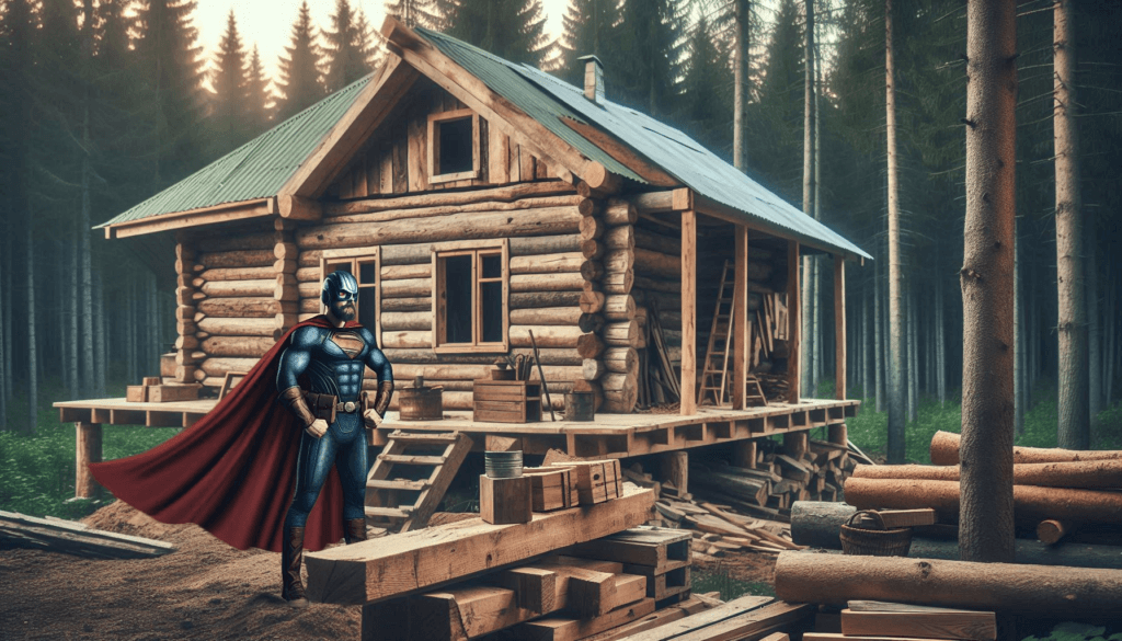 a hero with a cape on building a cabin with reclaimed rustic weathered wood in the forest