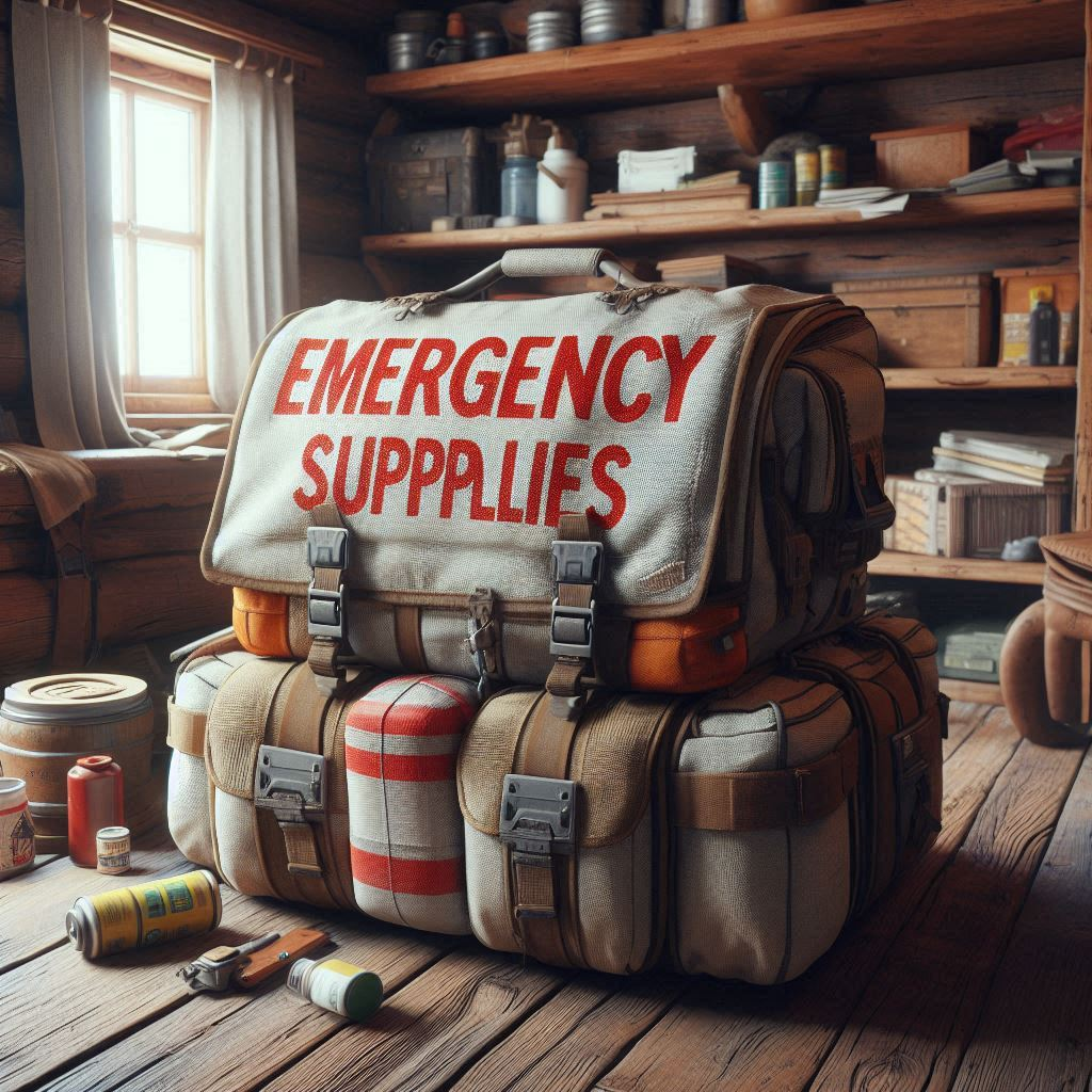 a large bag that reads EMERGENCY SUPPLIES sitting in a cabin