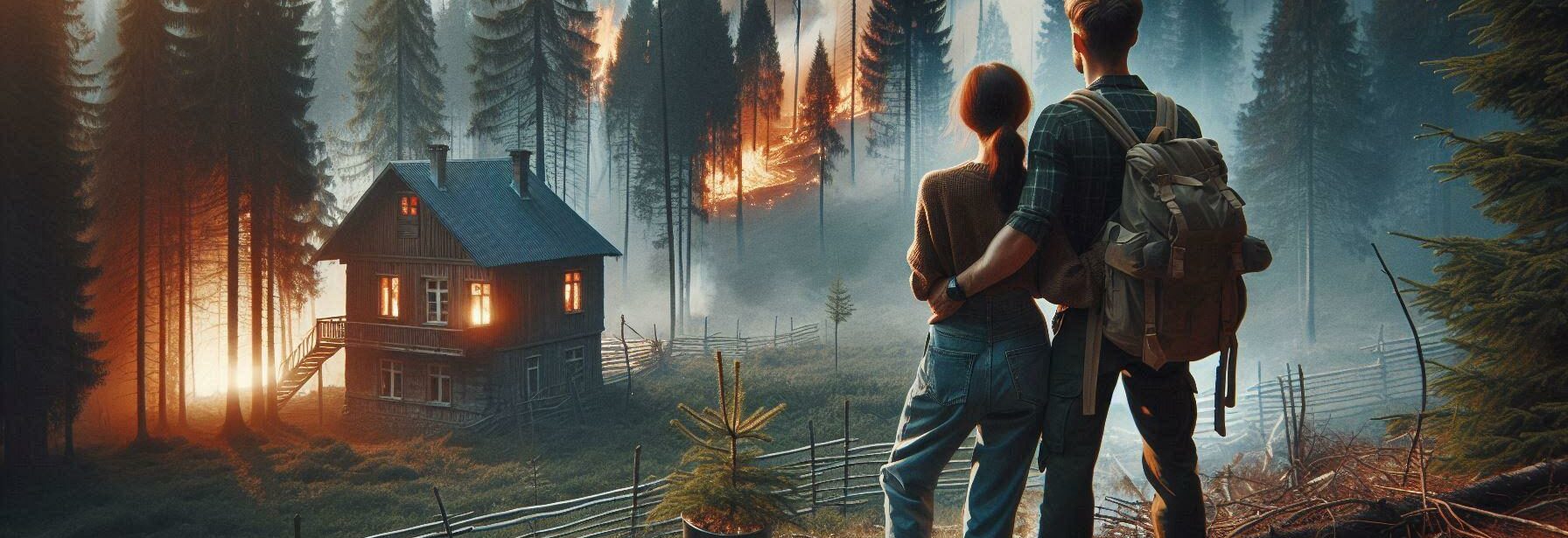 a man and a woman watch a forest fire far from their cabin in the wilderness