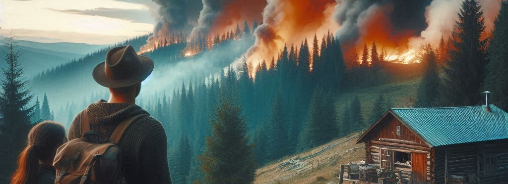 a man and a woman watch a forest fire on a hill away from their cabin in the wilderness