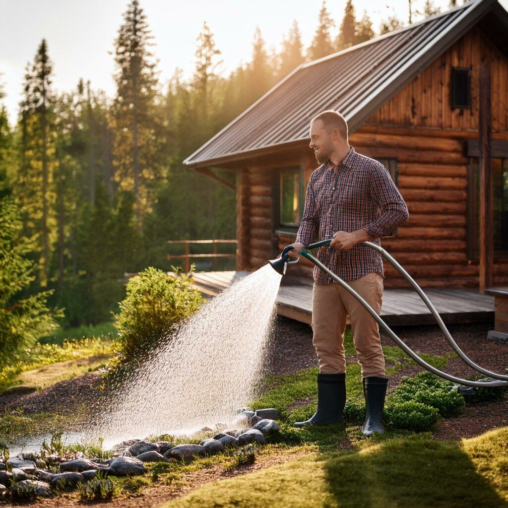 a man watering his property around his cabin in the wilderness