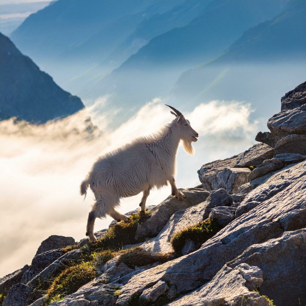 a mountain goat walking up a very steep rock slope in the mountains