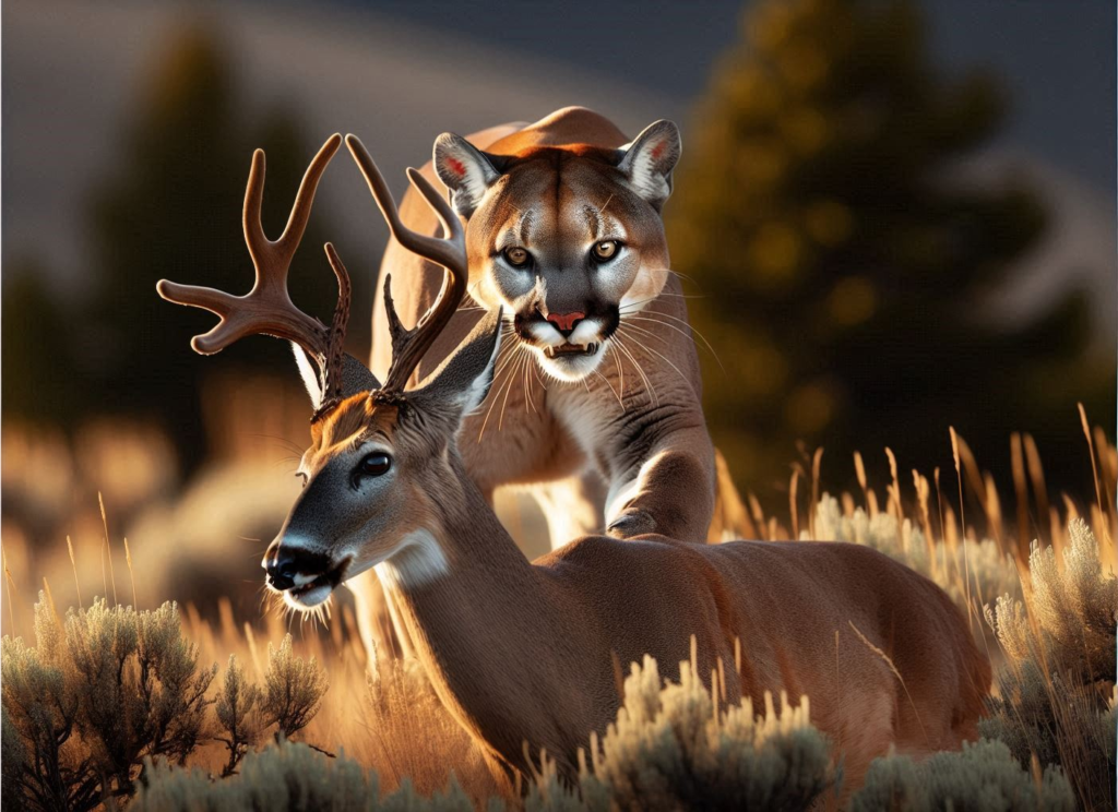 a mountain lion sneaking up on a deer to eat