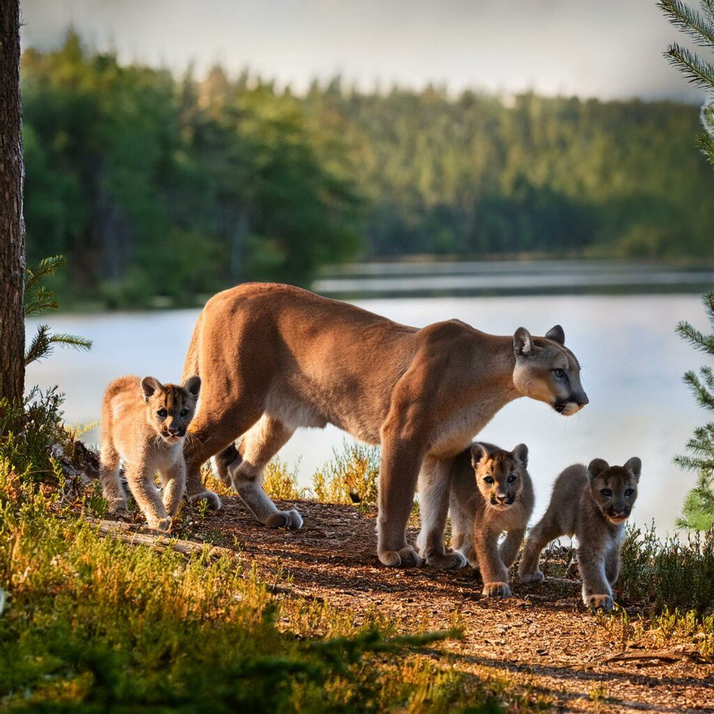 a mountain lion with 3 small cubs following her in the forest by a lake