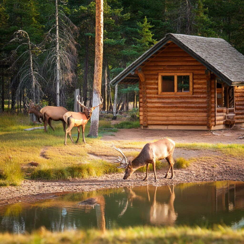 a small pond by a rustic cabin with deer and elk drinking from it