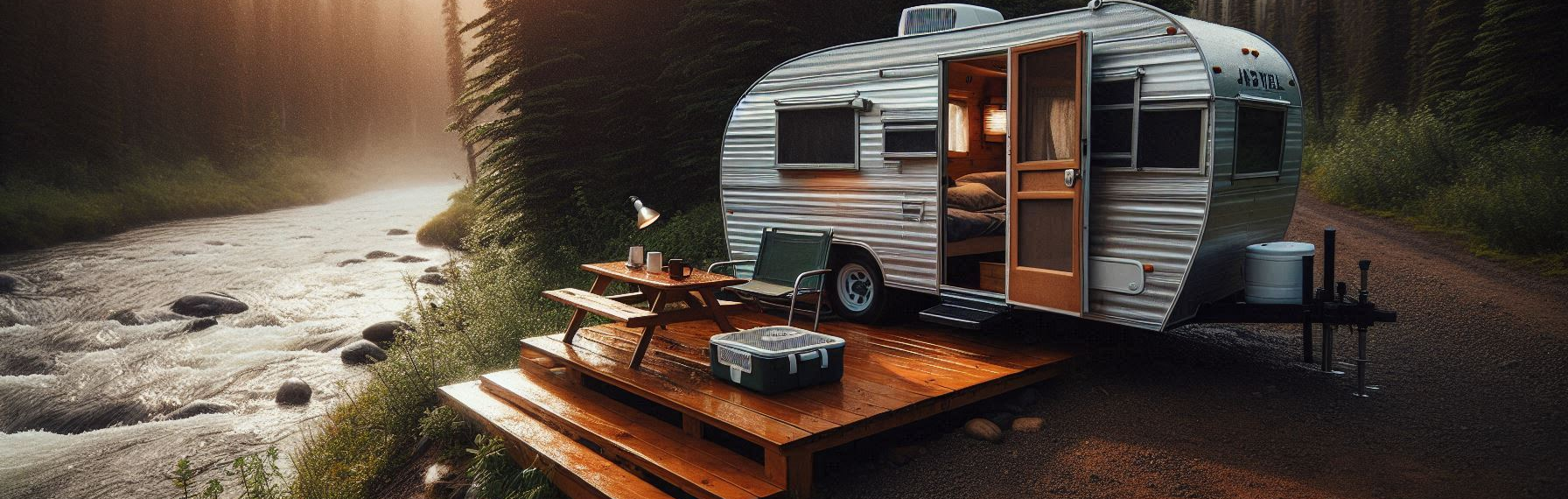 a used travel trailer being used as a cabin in the wilderness by a river