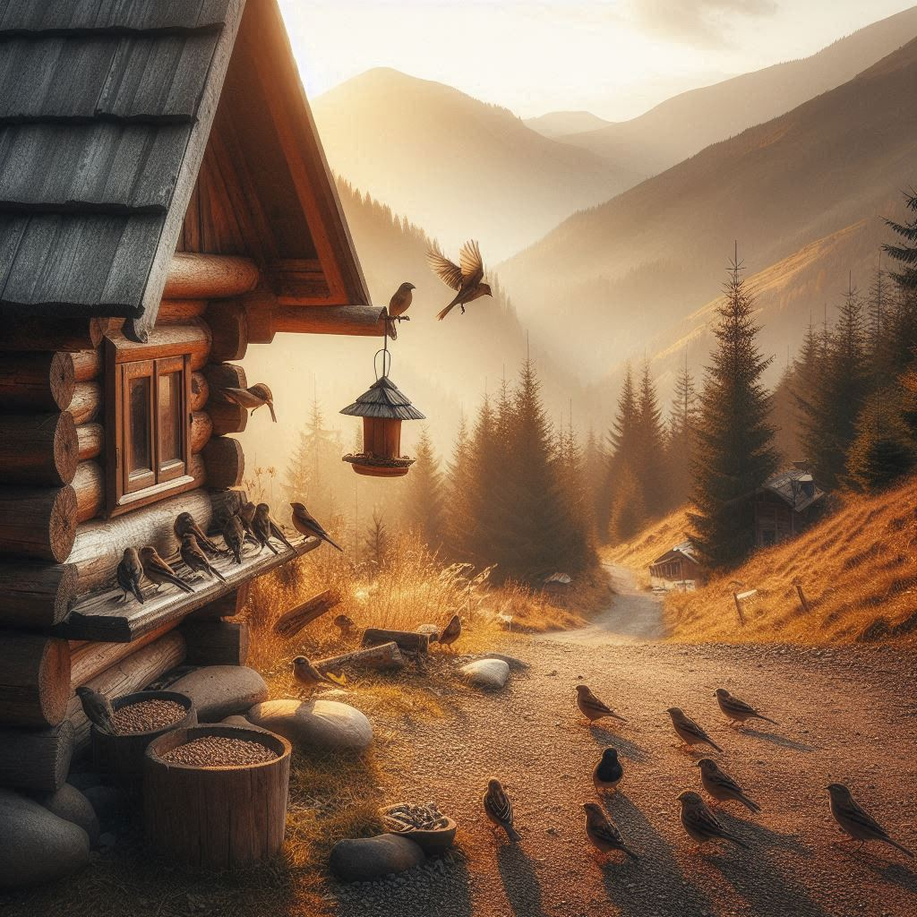 birds feeding from a bird feeder next to a rustic cabin the mountains