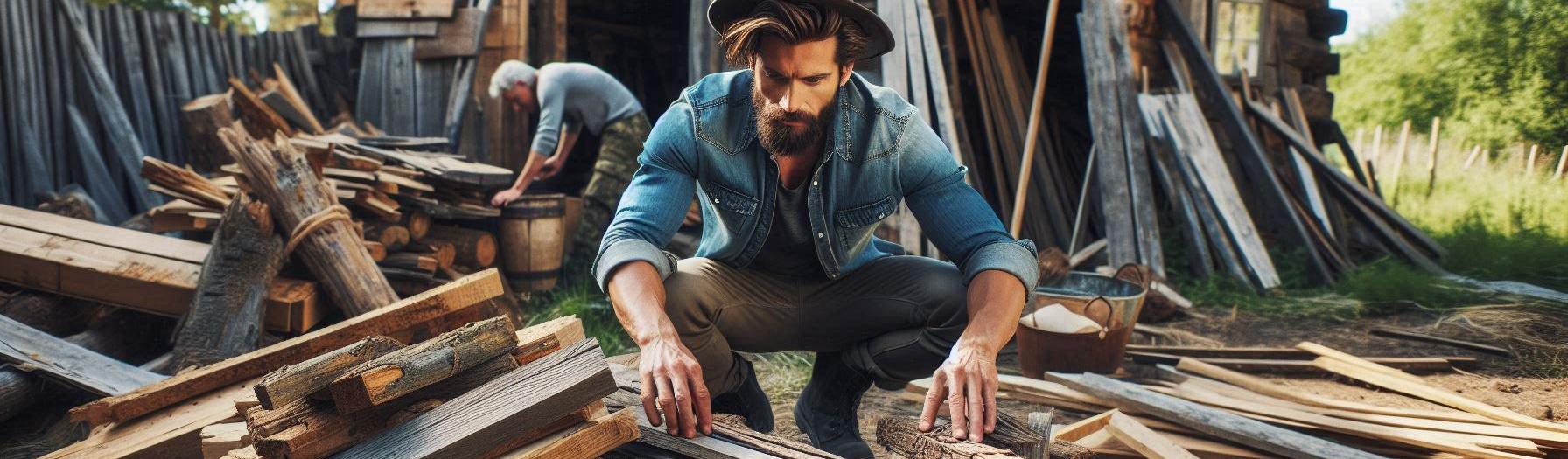 Man choosing reclaimed rustic weathered wood from a pile of wood in a yard by his rustic cabin