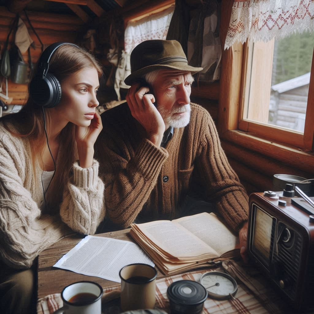 man and a woman listening intently to a radio broadcast in their cabin in the wilderness