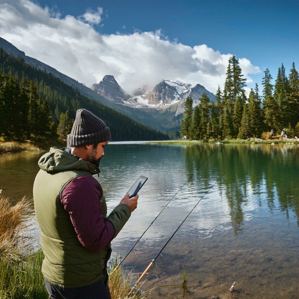 man checking the weather forecast before he heads out fishing on an alpine lake in the wild