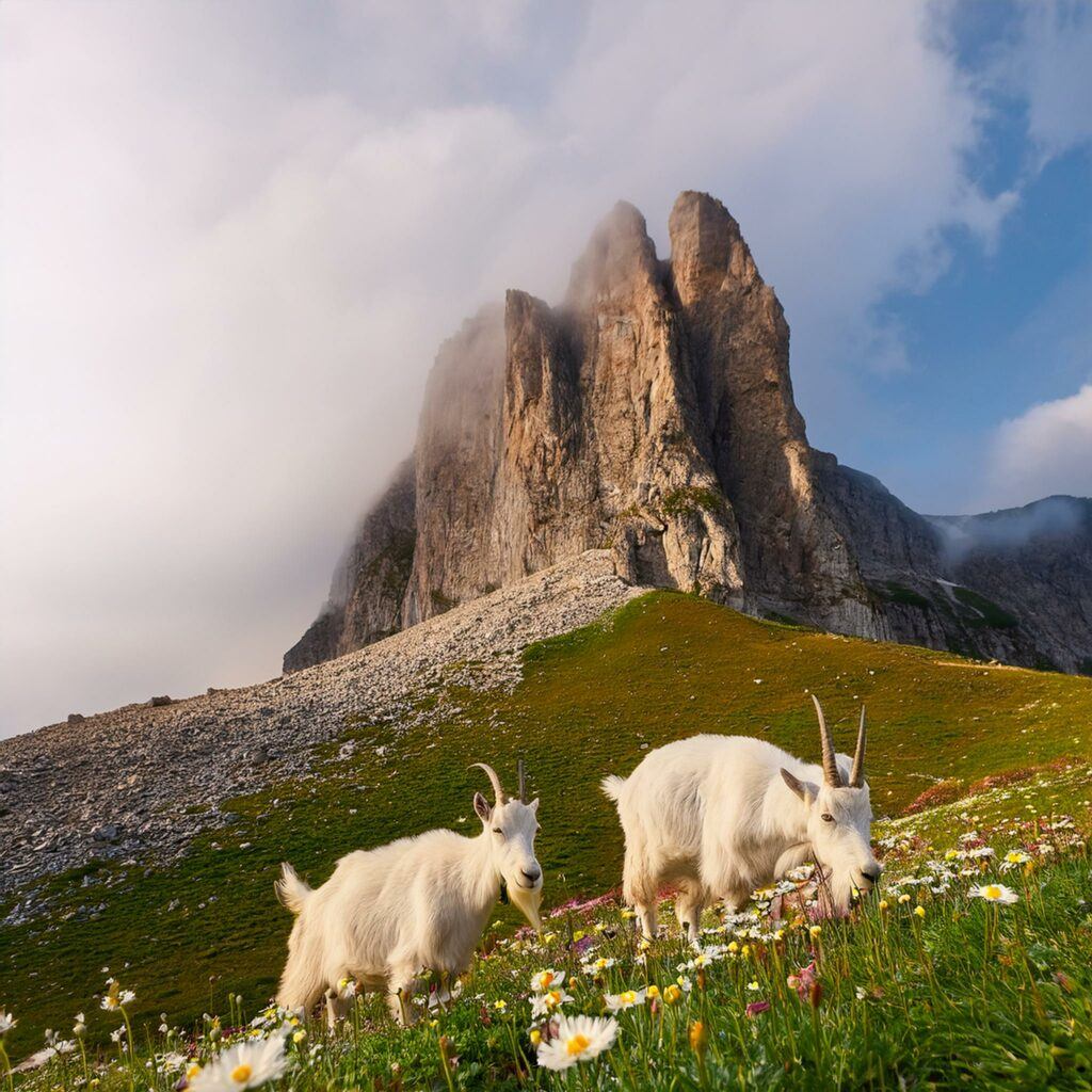 mountain goats eating flowering plants in a meadow by a rocky steep mountain 