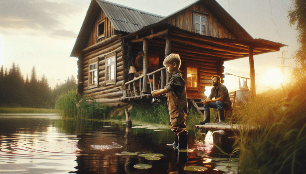  a boy casting his fishing line into the water by his parents rustic cabin