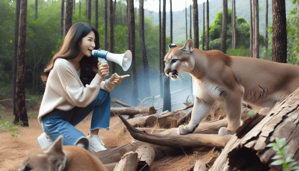 woman using an air horn at a mountain lion in the forest