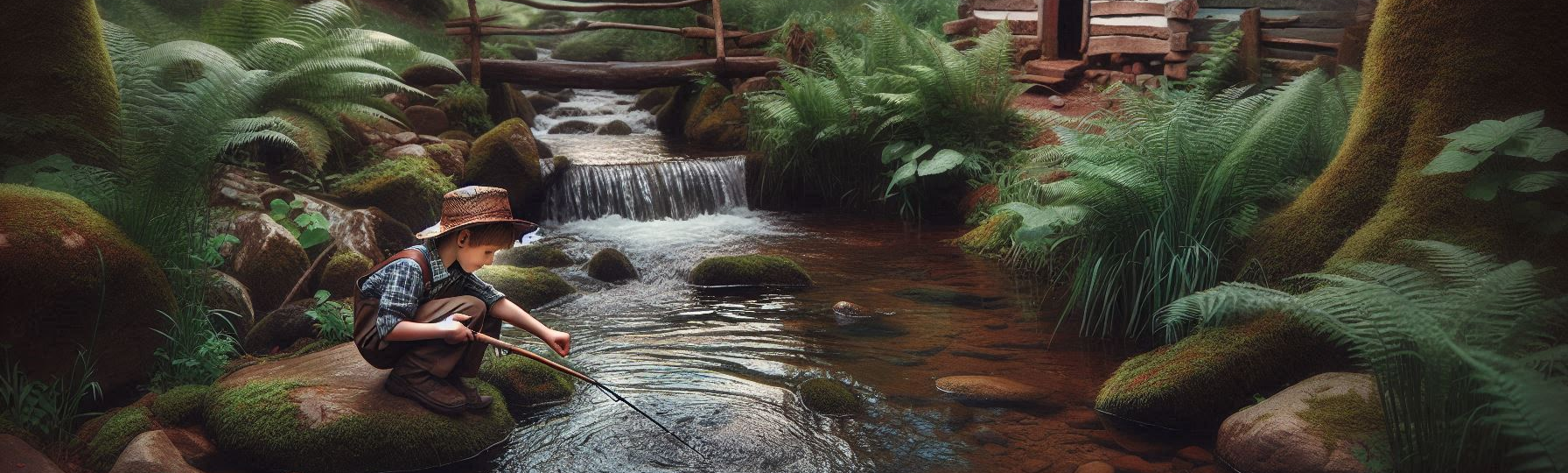 young boy learning how to fish by a rustic cabin in a stream