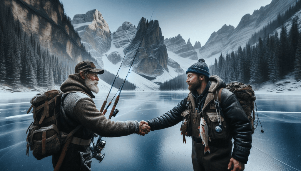 2 men shaking hands while ice fishing on an alpine lake in the wilderness