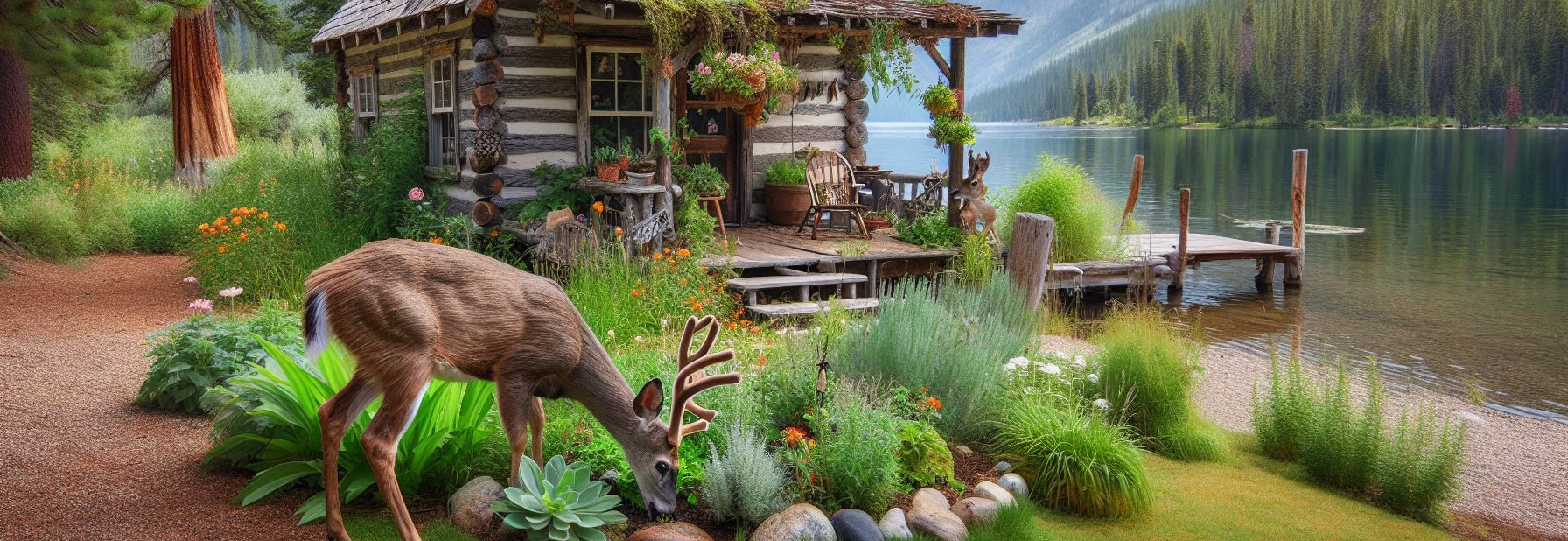 A Deer Eating plants out of a garden by a very rustic cabin by a lake