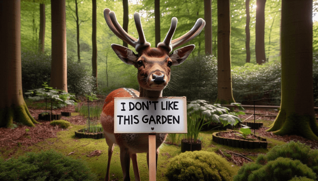 A Deer holding a sign saying I Don't Like This Garden