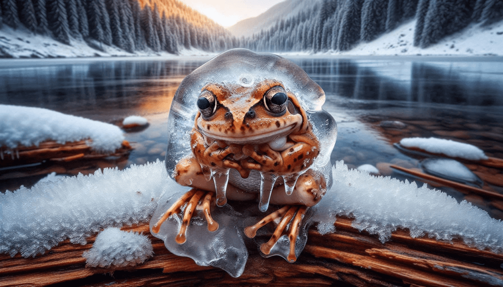 
A Northern Wood Frog Freezing By An alpine lake