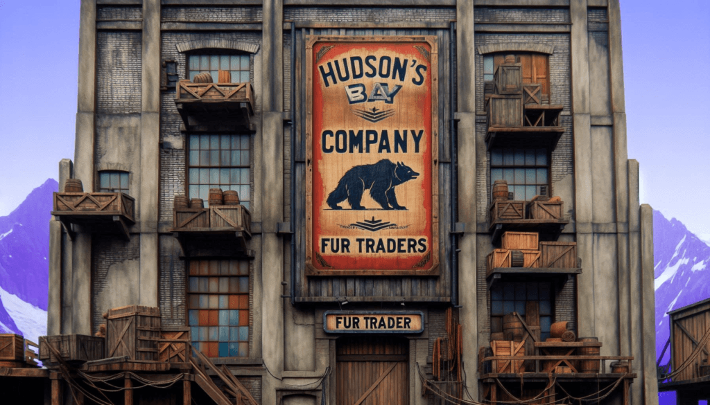 
A sign out of a rugged building warehouse with a sign on the outside reading Hudson's Bay Company With a Sign Below It Fur Traders