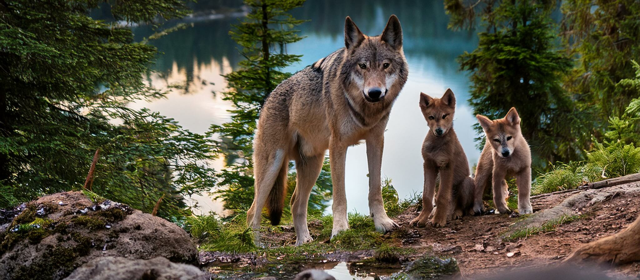 A wolf and 2 cubs deep in the forest with an alpine lake nearby