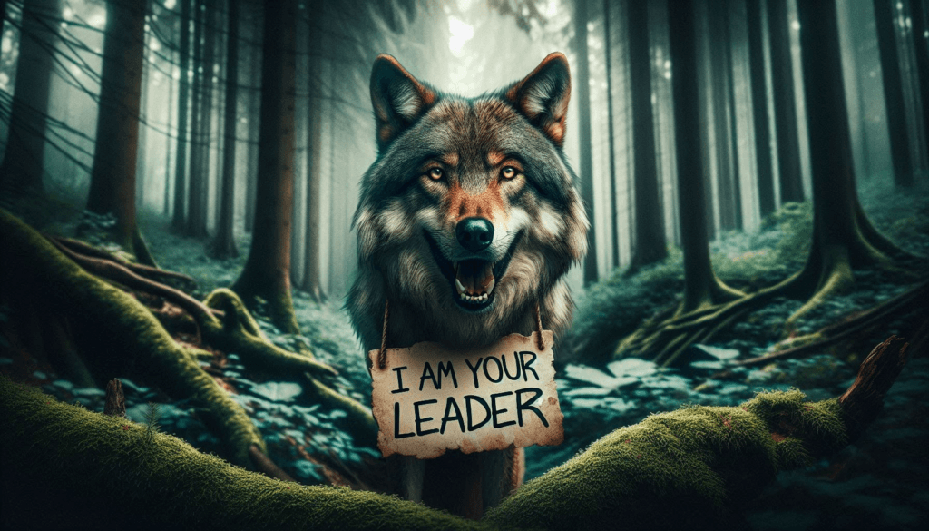 A wolf with a sign saying I am your leader.