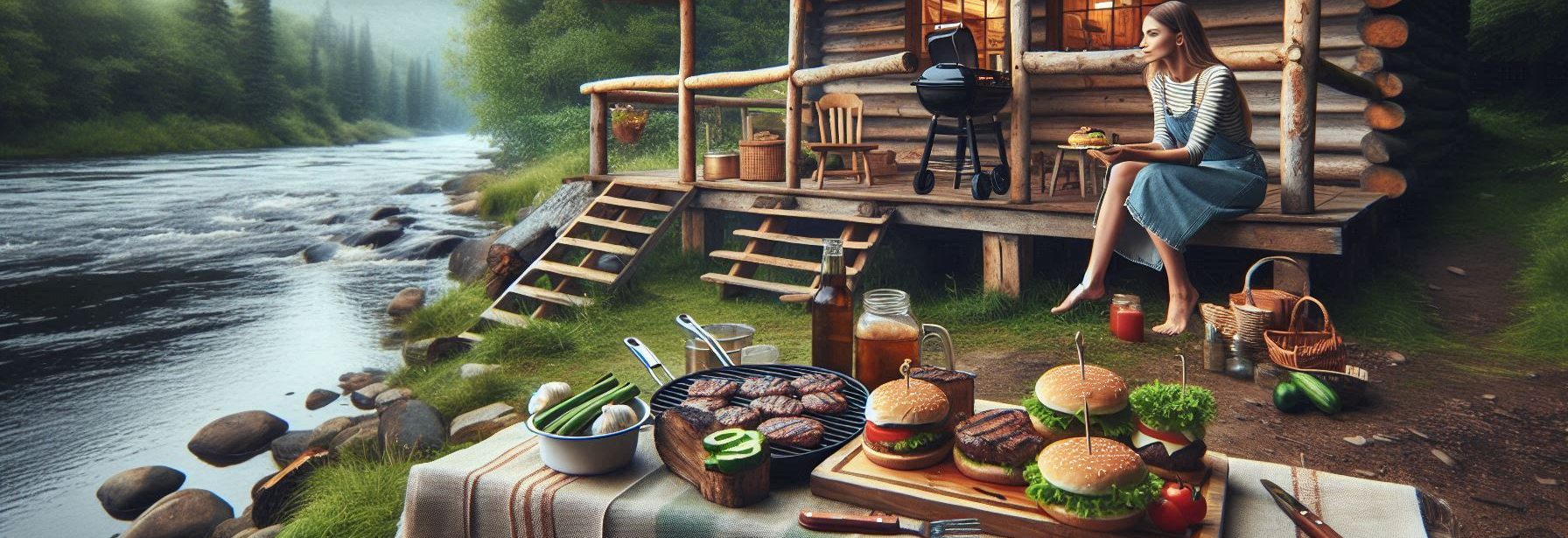 A woman cooking hamburgers outside her rustic cabin