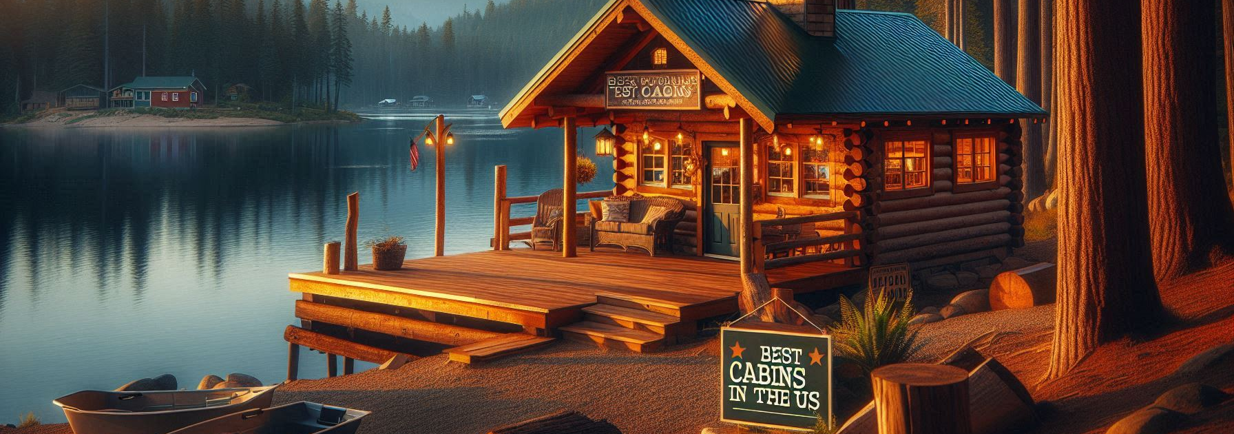 Cabin By a Lake with a sign reading Best Cabins In the US