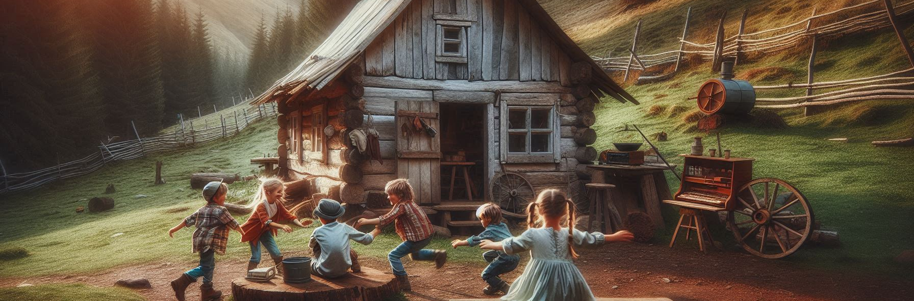 Children playing outside of a rustic cabin in the wilderness