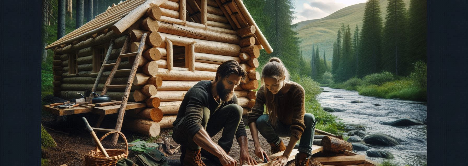 Man and a woman building a log home