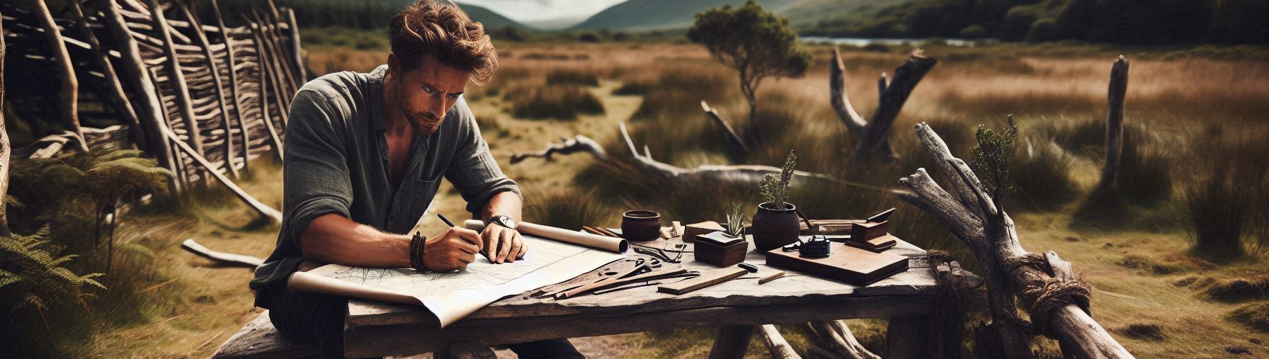 Man drafting a plan for his cabin