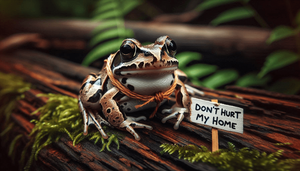 
a Northern Wood Frog with a sign around his neck saying Don't Hurt My Home