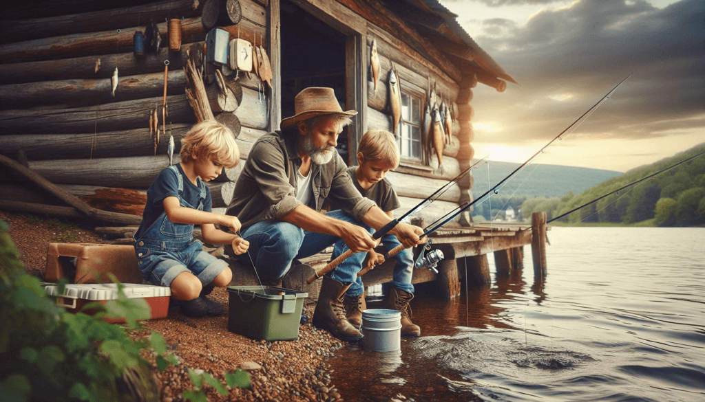 a father teaching his children how to fish and bait hooks next to their rustic cabin by a lake