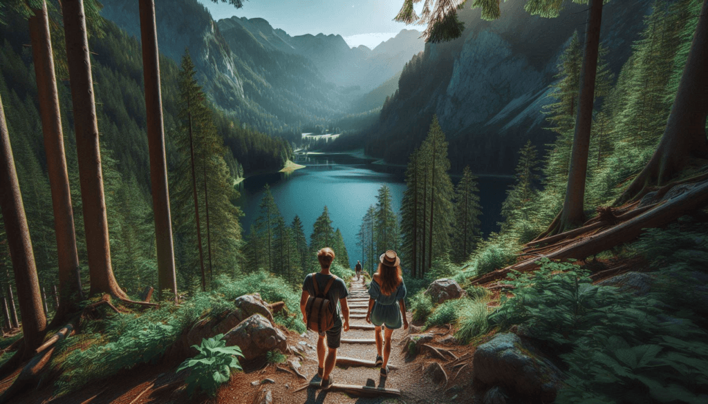 a man and a woman walking down a narrow path towards a beautiful alpine lake deep in the forest