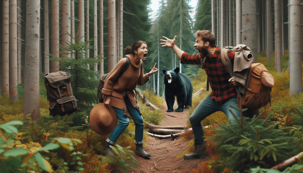 a man and a woman yelling at a black bear in the forest