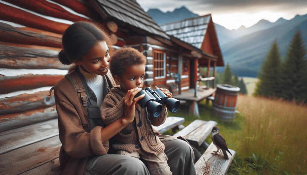 
a mom showing a young child how to use binoculars by their rustic cabin in the mountains