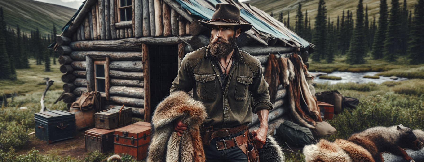 a rugged mountain man standing next to his cabin in the wilderness with a group of pelts he has trapped