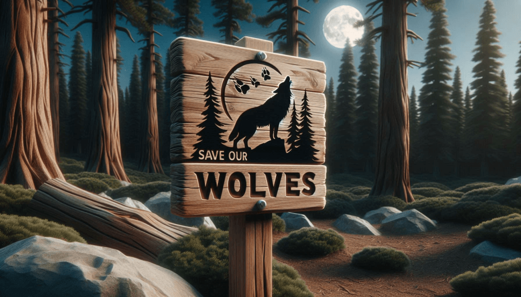 a sign in the forest saying Save Our Wolves